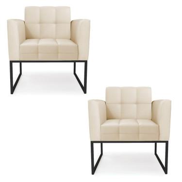 Imagem de Kit 2 Poltronas Elisa Corino Bege Base Metálica Industrial Preto - D'rossi