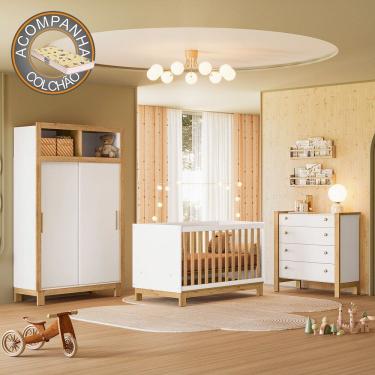 Imagem de Quarto de Bebê Completo Flora com Berço Cômoda e Roupeiro 5085 Branco Freijó Qmovi + Colchão Gazin