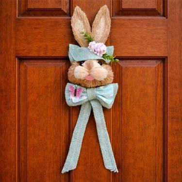 Imagem de Pendente Cabeça Coelho Com Laço Decoração De Páscoa Em Palha - Genéric