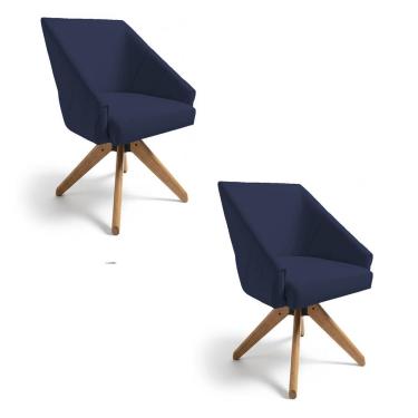 Imagem de Kit 2 Poltronas Giratórias Alana Veludo Azul Marinho Base De Madeira - Pallazio