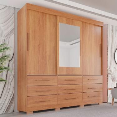 Imagem de Guarda-roupa com Pés e Espelho Casal 3 Portas 9 Gavetas Luana