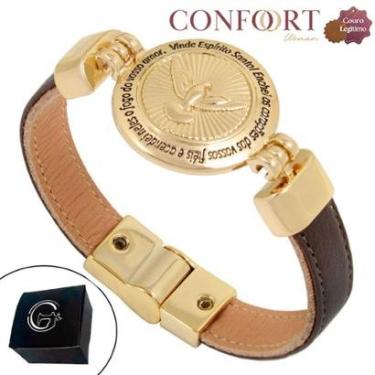 Imagem de Pulseira Magnética de Couro Bege Preto Medalha Vosso Amor Dourado-Unissex