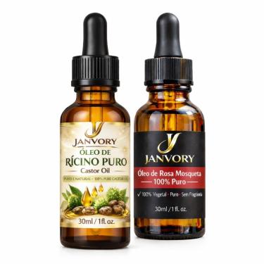 Imagem de Kit Óleo de Rícino Puro + Óleo de Rosa Mosqueta 100% Puros Janvory 2x30ml Vegetais, Naturais E Sem Fragrância