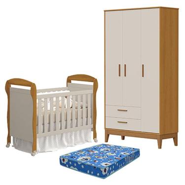 Imagem de Berço Americano Danny Com Colchão Ortobom E Guarda Roupa 3 Portas Flip Areia Savana Acetinado - Reller