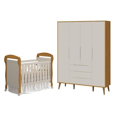 Imagem de Berço Americano Danny E Guarda Roupa 4 Portas Elfe Retrô Areia Savana Acetinado Amadeirado - Reller