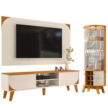 Imagem de Rack Bancada E Painel Para Tv Duna Com Cristaleira Marina Cinamomo Off White - Madetec
