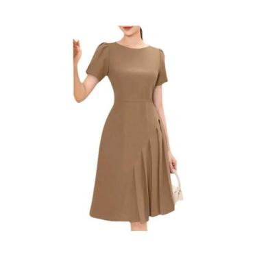 Imagem de Vestido Elegante Plissado Feminino Até O Joelho, Manga Curta, Decote R