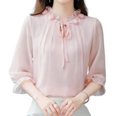 Imagem de Camisa Feminina Blusa Social Festa Verde Menta Rosa Bordada Flor Babad