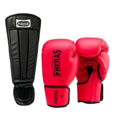 Imagem de Luva para Muay Thai Boxe Fheras Com Caneleira Anatômica Preta, Vermelh