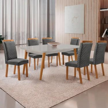 Imagem de Conjunto de Jantar Copper 6 Lugares Tampo MDF com Vidro Cadeiras Lorena Linho Grafite 180cm Moderna