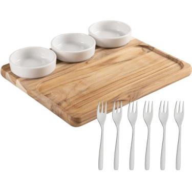 Imagem de Petisqueira Madeira 3 Potes Porcelana Garfo Tramontina Kit