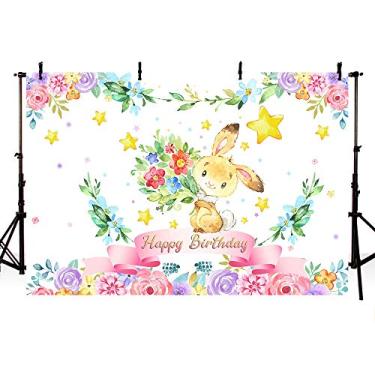 Imagem de Pôster para fotos de fundo de Páscoa com estampa de coelhinho rosa floral rosa com estampa de coelho dourado e estrelas douradas Mehofoto de 17,78 cm x 14,32 cm para suprimentos de mesa de bolos