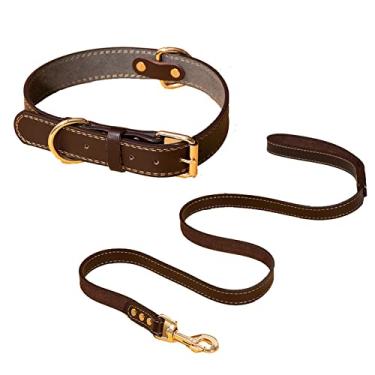Imagem de Foern Conjunto de coleira e coleira de couro PU, gola ajustável durável com acolchoamento interno macio para cães pequenos, médios grandes, marrom