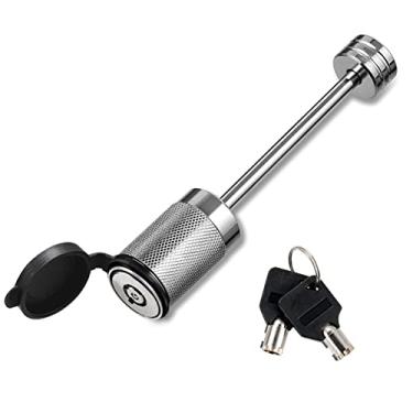 Imagem de CZC AUTO Trava de reboque 1/4" de diâmetro, trava de acoplador de reboque de 3-3/8", trava de língua de reboque compatível com acoplador tipo trinco, trava de pino de reboque revestida com cromo com chaves para reboque, barco, caminhão, trailer, carro