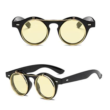 Imagem de Moda Vintage Redondo Vapor Punk Óculos de Sol Flip Up Dupla Camada Design Garra Óculos de Sol Gótico Óculos de Sol,c7 Preto Amarelo,A