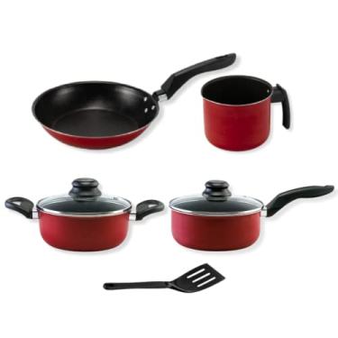 Imagem de Conjunto de Panelas Vermelho Antiaderente Pequeno 5 Peças: Caneco 12cm Panela 16cm Caçarola 18cm Francesa 20cm 1 Espátula 25cm com Tampa de Vidro Não Gruda Kit Jogo Rubi