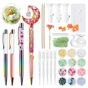 Imagem de Canetas esferográficas florais de herbário de resina, molde de peixe Koi em miniatura, tigela de peixe-dourado, musgo de rena, pérola, flores secas, conjunto de artesanato de terrário botânico de cogumelo 32 kits