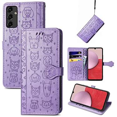 Imagem de Capas de telefone com slots de cartão de luxo Samsung Galaxy A14 A 14 5G capas de telefone gatos e cães fofos à prova de choque carteira clipe de telefone Samsung A14 5G capas (roxo, Samsung A14 5G)
