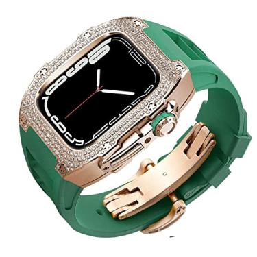 Imagem de SULUET Rm mod kit capa de diamante e pulseira fluororubber para Apple Watch Series 8 7 6 5 4 se, pulseira de borracha de flúor capa de strass para iwatch 45mm 44mm (cor: verde, tamanho: 45mm para 8 7)