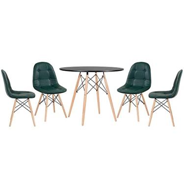 Imagem de Loft7, Mesa redonda Eames 90 cm preto + 4 cadeiras estofadas Eiffel Botonê Verde escuro