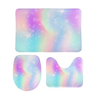 Imagem de Conjunto de 3 peças de tapetes de banheiro My Daily colorido gradiente arco-íris estrelas galáxia contorno em forma de U tapete de banheiro e tampa tampa, tapete de chuveiro antiderrapante conjunto de tapetes de banheiro