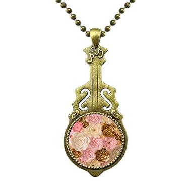 Imagem de DIYthinker Colar marrom branco rosa lindas flores antigo joia música pingente de guitarra