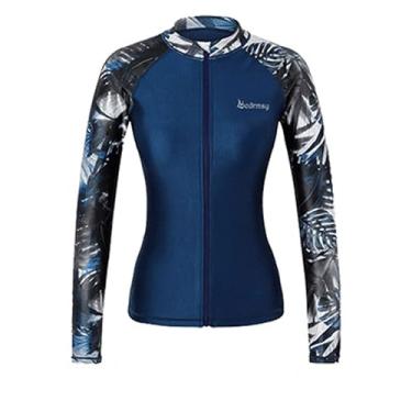 Imagem de Bestgift Fato de mergulho feminino protetor solar secagem rápida maiô de manga comprida terno de surf terno azul marinho top M
