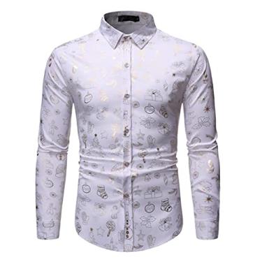 Imagem de Men's Casual Long-sleeved Button Dress Shirt Floral Print Casual Shirt (Color : White, Size : X-large)