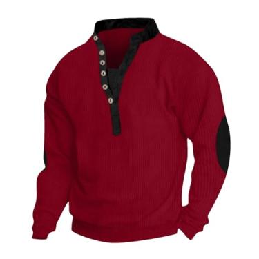 Imagem de ZMIN Camiseta masculina manga longa cor sólida solta casual Henley camisa manga longa botão patchwork camisa gola V tops, Vermelho, XX-Large