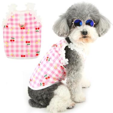 Imagem de Zunea Camisetas xadrez para cães pequenos para meninas, roupas de verão para filhotes, camiseta com anel de coleira fofa cereja brinquedo poodle, colete macio, respirável, sem mangas, básica, roupa