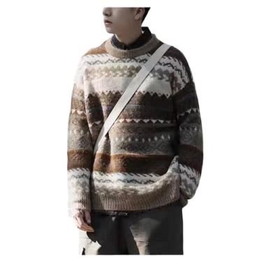 Imagem de Suéter masculino de Natal com borda canelada com estampa listrada pulôver gola redonda tricotado de Natal, Cinza, M