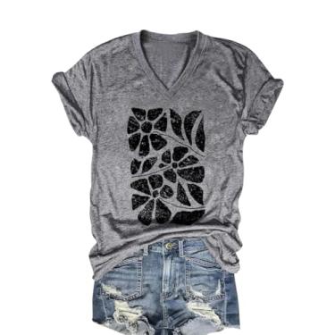 Imagem de Camiseta feminina com estampa de flores silvestres e gola V vintage flores cottage core manga curta, Cinza, GG
