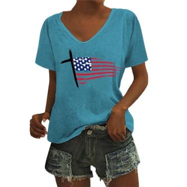 Imagem de Camiseta feminina com estampa da bandeira dos EUA Dia da Independência camiseta túnica de verão para treino, Azul, 3G