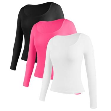 Imagem de Aranmei Pacote com 3 camisetas femininas de manga comprida, gola canoa, caimento justo, básica, térmica, camisetas modernas, Branco + rosa + preto, M