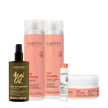 Imagem de KIT CADIVEU ESSENTIALS HAIR REMEDY SHAMPOO CONDICIONADOR MáSCARA AMPOLA E AçAí OIL 60 (5 PRODUTOS) 