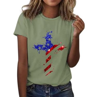Imagem de Camiseta feminina com bandeira americana Star Stripes 2024, 4 de julho, patriótica, manga curta, verão, casual, tops, Verde, G