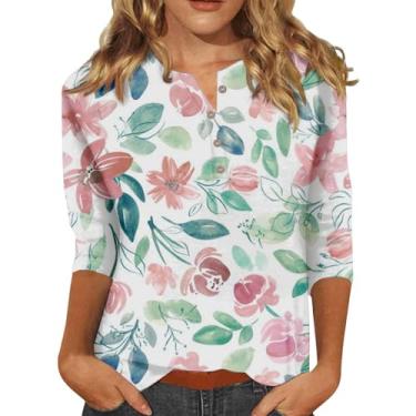Imagem de Camisetas femininas de manga 3/4 com estampa floral fofa, gola V, túnica solta para sair 2024, Verde menta, M