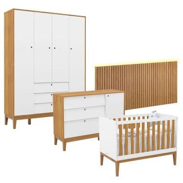 Imagem de Quarto de Bebê Unique 4 Portas com Cômoda Sapateira e Painel Ripado com Led Branco Soft Freijó Eco Wood - Matic