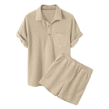 Imagem de GaoLeAve Conjunto masculino casual de verão sólido de veludo cotelê solto de veludo cotelê de duas peças, conjuntos de camisetas e shorts masculinos, Hy-01, P