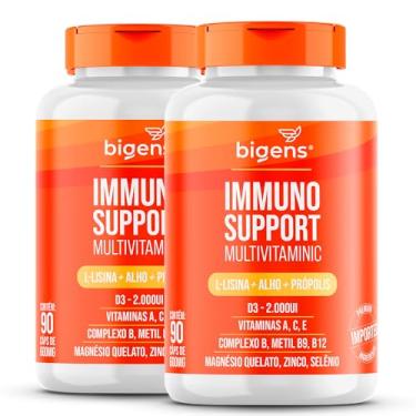 Imagem de Immuno Support Multivitaminic com L-lisina, alho, própolis, Vitamina A, C, E, D3, Zinco, B9, B12, Magnésio & Selênio Bigens, Kit 2x 90 Cápsulas…