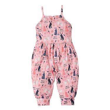 Imagem de Macacão infantil para meninas, estampa de coelho, sem mangas, floral, calça de verão, outono, 1 peça, body nesie, Rosa, 5-6 Anos