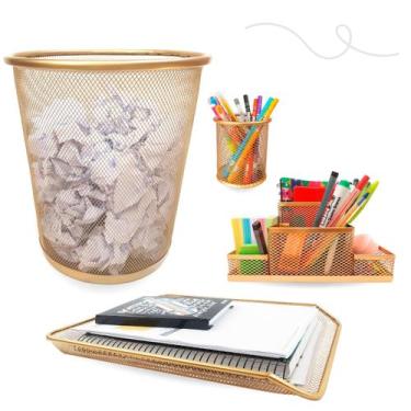 Imagem de Kit de Organizadores Escritório Lixeira Dourada, Organizador de Mesa, 