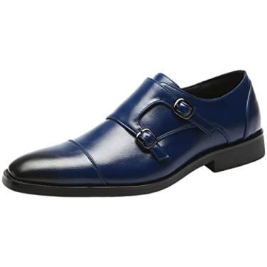 Imagem de Jamron Sapato social masculino Smart Monk Brogues couro genuíno salto de madeira formal, Couro sintético azul marinho, 45