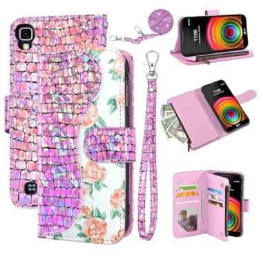 Imagem de Dibosom Capa carteira floral para LG X Power com alça de pulso alça de ombro flip zíper bolsa porta-cartão, suporte de couro PU de luxo brilhante brilhante brilhante capa para celular para XPower 1