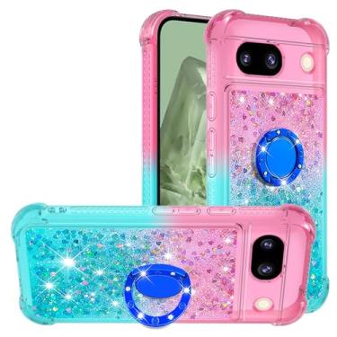Imagem de Monwutong Capa de celular de ajuste fino para Google Pixel 7A, brilhante efeito areia movediça TPU com suporte de anel de metal e proteção pesada nos quatro cantos para Google Pixel 7A, rosa azul