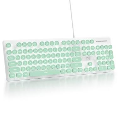 Imagem de iRoboosta Teclado silencioso com fio de membrana verde, quadro de chave de máquina de escrever tamanho completo de 104 teclas com teclado numérico, retroiluminado por LED branco, teclas redondas
