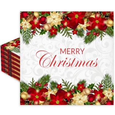 Imagem de JarThenaAMCS 50 peças de guardanapo de papel de feliz Natal poinsétia floral bola de Natal descartável guardanapo de almoço para suprimentos de festa de inverno