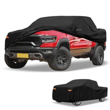 Imagem de Partuto Capa de carro à prova d'água para todos os climas, automotiva, ao ar livre, anti-UV, proteção contra chuva, cobertura externa completa para Dodge para Ram 210D-PU preta com tiras refletoras