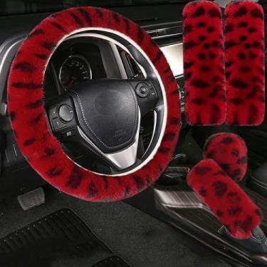 Imagem de Pinbola Conjunto 5 peças em 1 capa de volante de lã sintética, capa macia e fofa de freio de mão, capa de câmbio de engrenagem e 2 peças de almofadas de ombro para cinto de segurança, ajuste universal para 38 cm (G - vermelho vinho)