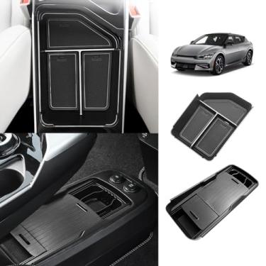 Imagem de BestEvMod Para EV6 Organizador de apoio de braço e console central inferior organizador de capa deslizante ajustável suporte de copo 2 peças com acabamento de PVC compatível com acessórios Kia EV6